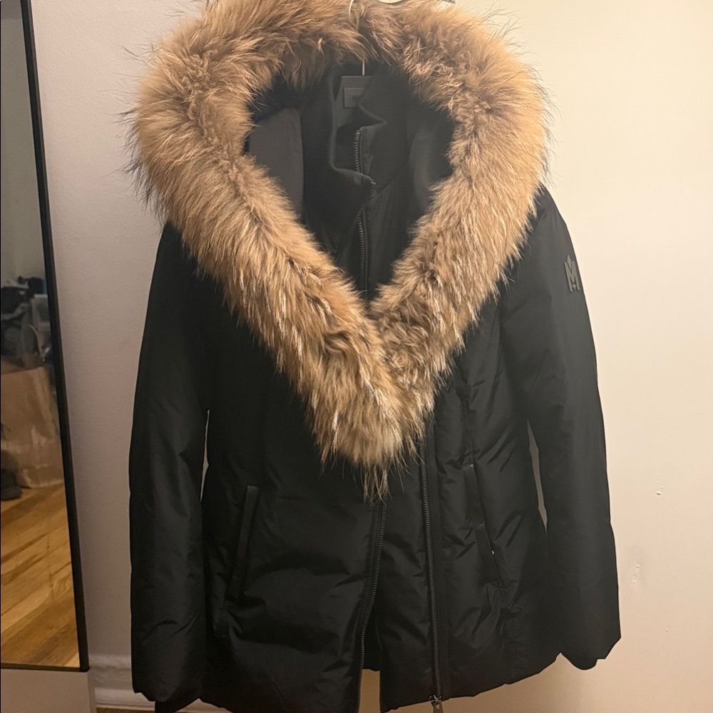 Mackage Black Puffer Coat with Tan Faux Fur Trim